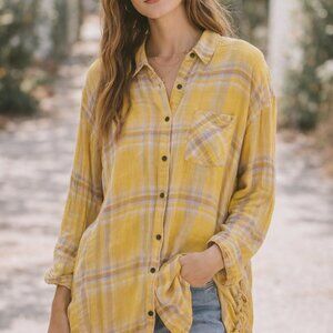 Free People Nordic Day Yellow Plaid Button Up Ruched Lace Side Tunic Top Sz L